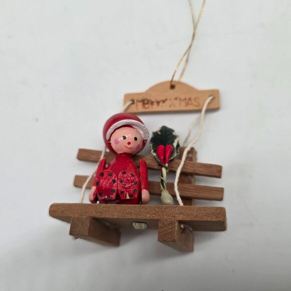 Vintage Wooden Christmas Ornament Figures on Swing Set of 5 Taiwan AS IS - Picture 8 of 11